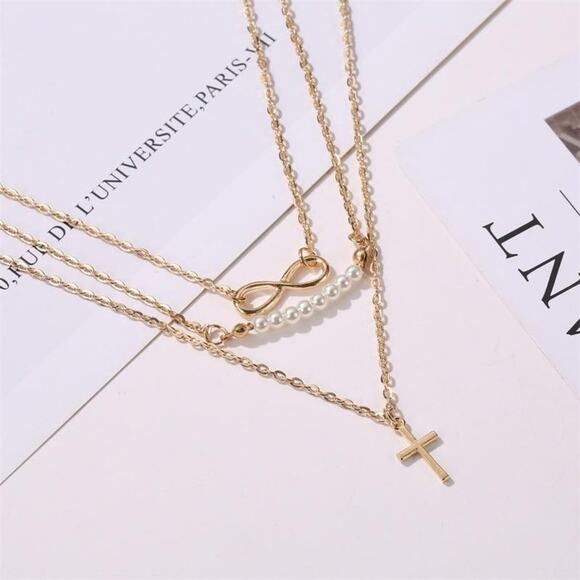 Long 8 Word Pearl Multi-layer Necklace Cross Pendant Necklace Gold Chain - Picture 2 of 5